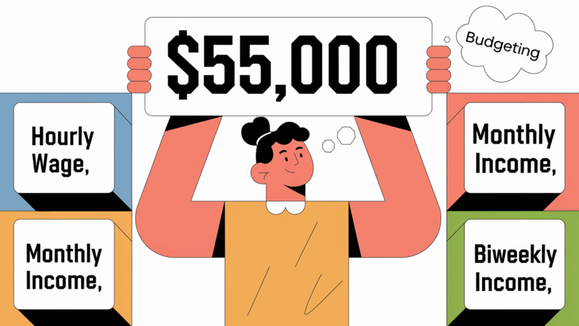 Block illustration showing a person with a '$55,000' sign and blocks representing hourly, monthly, and biweekly income.