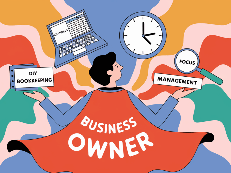 Line art drawing of a "Business Owner" juggling "DIY Bookkeeping," "Time Management," and "Focus."