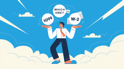 An advertising illustration of a person juggling "1099" and "W-2" icons, depicting the complexities of worker classification.