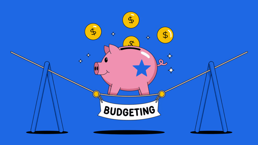 Block illustration of a piggy bank balancing on a tightrope with a "Budgeting" banner, symbolizing financial stability.