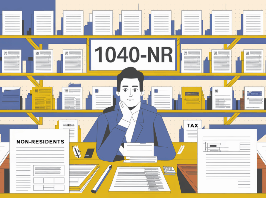 A block illustration of a non-resident person surrounded by tax forms and documents, with "1040-NR" highlighted.