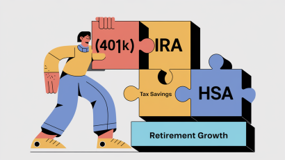 A block illustration of a person strategically placing puzzle pieces labeled "401(k)," "IRA," and "HSA" into slots for tax savings and retirement growth.